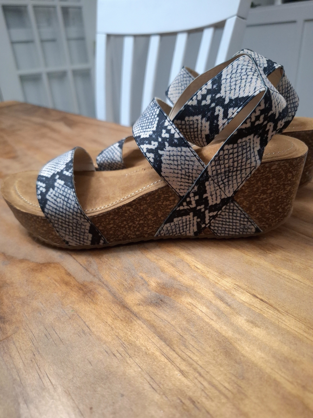 Women’s Snake Print Cork Wedge Sandal - Black & White